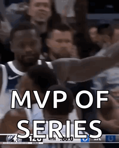 A Group Of Basketball Players Are Celebrating With The Words Mvp Of Series GIF