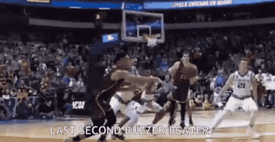 A Group Of Basketball Players Are Playing A Game Of Basketball And The Last Second Buzzer Beater Is Being Shouted . GIF