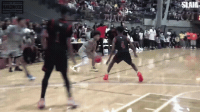 A Group Of Basketball Players Are Playing Basketball On A Court In Front Of A Crowd . GIF