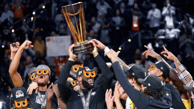 A Group Of Basketball Players Holding Up A Trophy While Wearing Sunglasses That Say Bb GIF