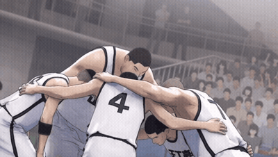 A Group Of Basketball Players Huddle Together With The Number 4 On Their Back GIF