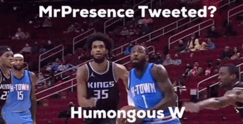 A Group Of Basketball Players On A Court With A Caption That Says Mr Presence Tweeted Humorous W GIF