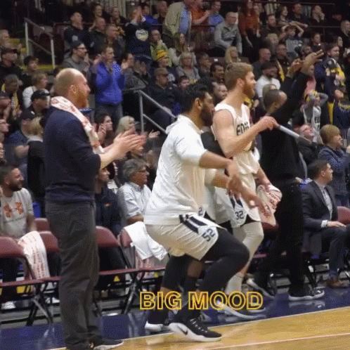 A Group Of Basketball Players On A Court With The Words Big Mood Written On The Bottom GIF