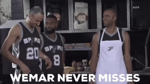 A Group Of Basketball Players Standing Next To Each Other In A Kitchen With The Words `` Wemar Never Misses '' . GIF
