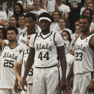 A Group Of Basketball Players Wearing White Jerseys That Say State GIF