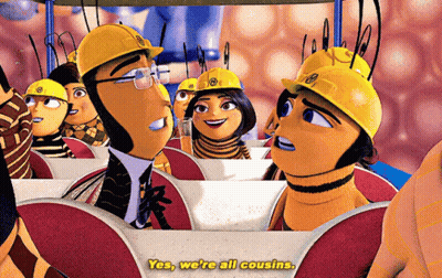 A Group Of Bees Wearing Hard Hats Are Sitting In A Row And One Of Them Says Yes We Are All Cousins GIF