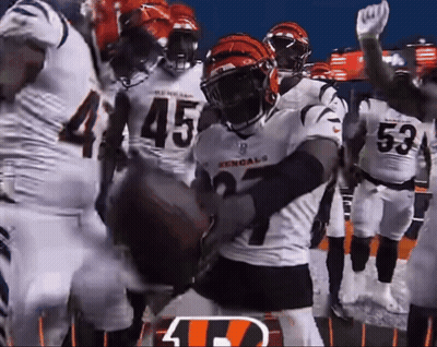 A Group Of Bengals Football Players Celebrating A Touchdown GIF