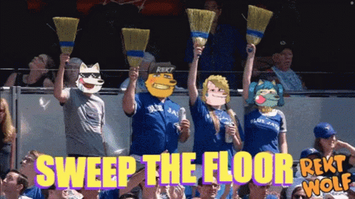 A Group Of Blue Jays Fans Holding Brooms In The Air With The Words Sweep The Floor Behind Them GIF