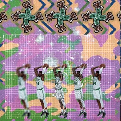 A Group Of Boston Celtics Basketball Players On A Purple And Green Background GIF