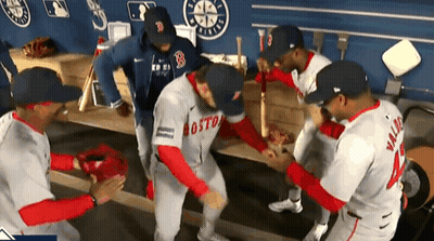 A Group Of Boston Red Sox Baseball Players Are Dancing GIF