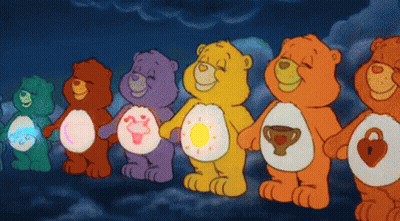 A Group Of Care Bears Are Standing In A Line GIF