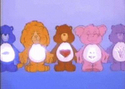 A Group Of Care Bears Are Standing In A Row On A Blue Background . GIF