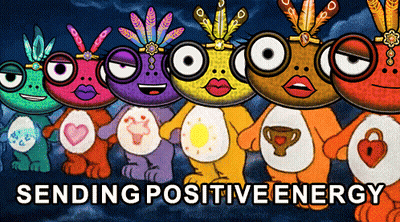 A Group Of Care Bears Standing Next To Each Other With The Words " Sending Positive Energy " Written Below Them GIF