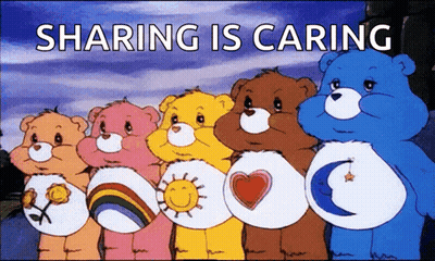 A Group Of Care Bears Standing Next To Each Other With The Words Sharing Is Caring Written Above Them GIF