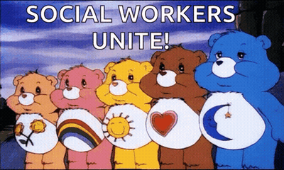 A Group Of Care Bears Standing Next To Each Other With The Words " Social Workers Unite " Written Above Them GIF