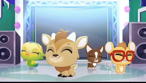 A Group Of Cartoon Animals Are Dancing On A Stage With Speakers GIF