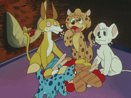A Group Of Cartoon Animals Are Sitting On A Purple Floor GIF