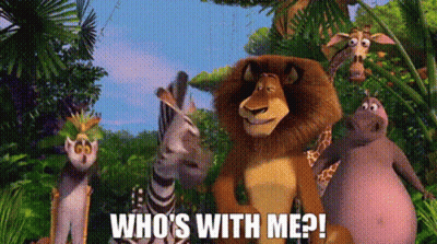 A Group Of Cartoon Animals Are Standing In The Jungle With The Words `` Who 'S With Me ? '' On The Bottom . GIF