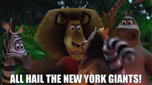 A Group Of Cartoon Animals With The Words All Hail The New York Giants Written Below Them GIF