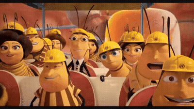 A Group Of Cartoon Bees Wearing Hard Hats Are Sitting On A Bus GIF