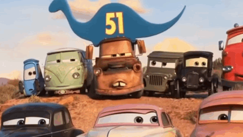 A Group Of Cartoon Cars Are Standing Next To Each Other On A Dirt Road . GIF
