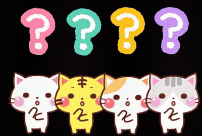 A Group Of Cartoon Cats Standing Next To Each Other With Question Marks Behind Them GIF