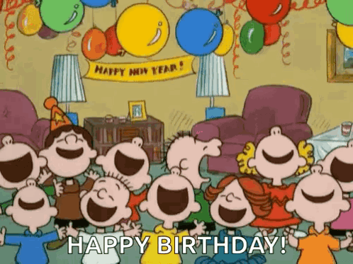 A Group Of Cartoon Characters Are Celebrating A Birthday With Balloons And A Sign That Says Happy New Year . GIF
