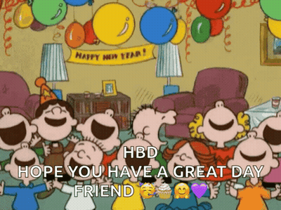 A Group Of Cartoon Characters Are Celebrating A Birthday With Balloons And A Sign That Says Happy New Year GIF