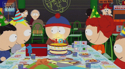 A Group Of Cartoon Characters Are Celebrating Stan 'S 18Th Birthday In South Park GIF