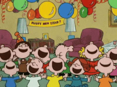 A Group Of Cartoon Characters Are Celebrating The New Year GIF
