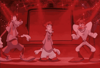A Group Of Cartoon Characters Are Dancing In A Dark Room GIF