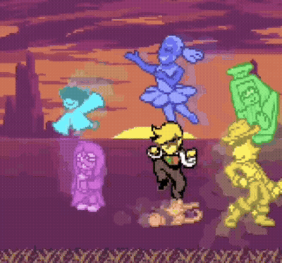 A Group Of Cartoon Characters Are Dancing In A Purple And Orange Background . GIF