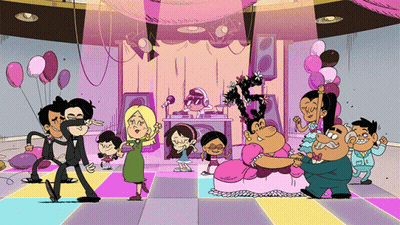 A Group Of Cartoon Characters Are Dancing In A Room With Pink Balloons GIF