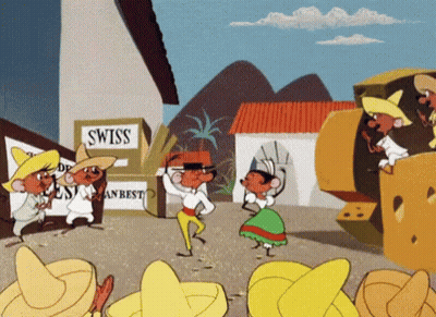 A Group Of Cartoon Characters Are Dancing In Front Of A Swiss Sign GIF