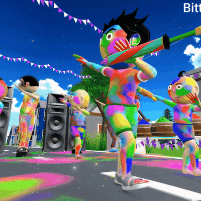 A Group Of Cartoon Characters Are Dancing In Front Of Speakers And The Word Bitt Is On The Bottom GIF