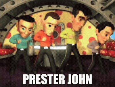 A Group Of Cartoon Characters Are Dancing With The Name Prestor John On The Bottom GIF