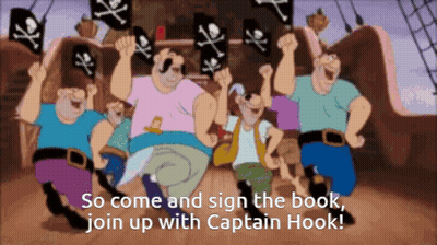 A Group Of Cartoon Characters Are Dancing With The Words So Come And Sign The Book Join Up With Captain Hook Below Them GIF