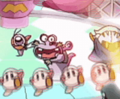 A Group Of Cartoon Characters Are Flying In A Pink Hot Air Balloon GIF
