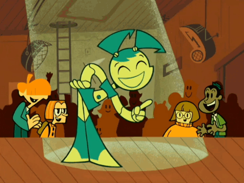 A Group Of Cartoon Characters Are Gathered Around A Stage And One Of Them Is A Robot GIF