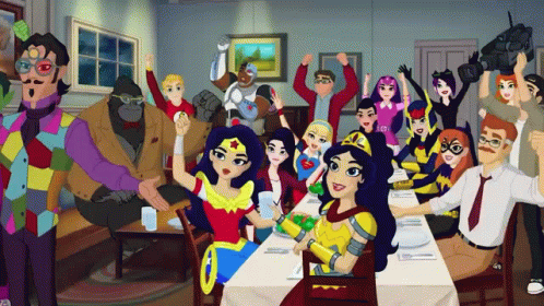A Group Of Cartoon Characters Are Gathered Around A Table In A Room GIF