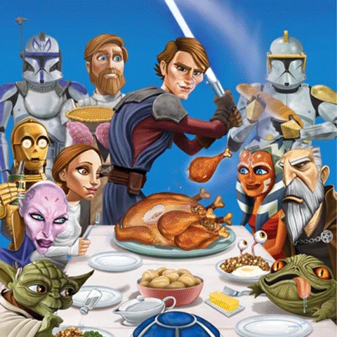 A Group Of Cartoon Characters Are Gathered Around A Table With Food GIF