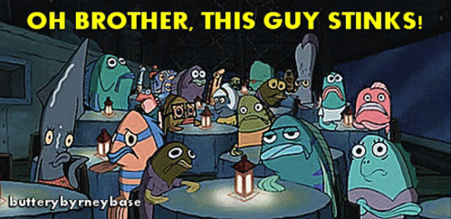 A Group Of Cartoon Characters Are Gathered Around A Table With The Caption " Oh Brother This Guy Stinks " GIF