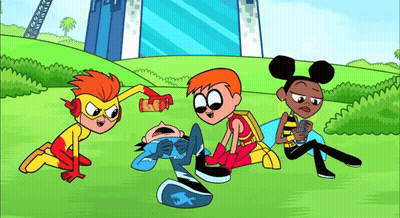 A Group Of Cartoon Characters Are Gathered In A Field GIF