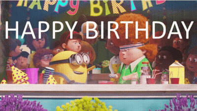 A Group Of Cartoon Characters Are Gathered In Front Of A Banner That Says Happy Birthday GIF