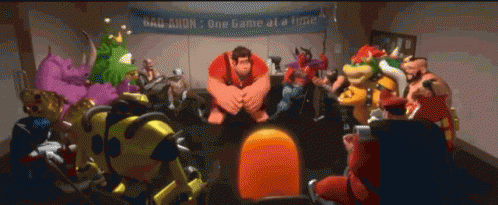 A Group Of Cartoon Characters Are Gathered In Front Of A Sign That Says Bad Aron GIF
