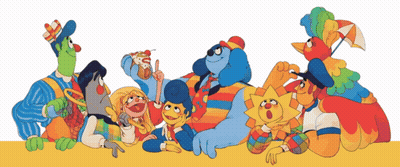A Group Of Cartoon Characters Are Gathered Together On A Yellow Surface GIF