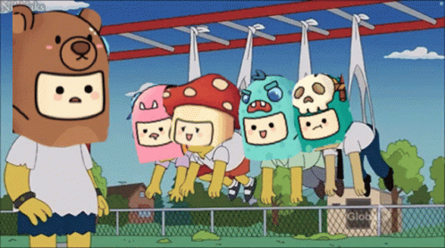 A Group Of Cartoon Characters Are Hanging Upside Down In Front Of A Globe Fence GIF