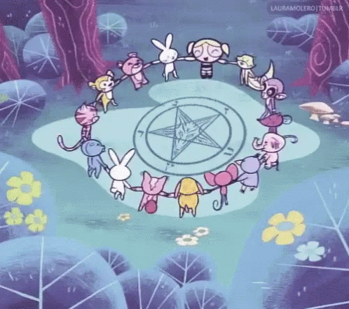 A Group Of Cartoon Characters Are Holding Hands In A Circle With A Pentagram In The Middle GIF