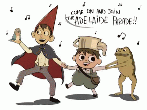 A Group Of Cartoon Characters Are Holding Hands With The Words " Come On And Join The Adelaide Parade " Above Them GIF