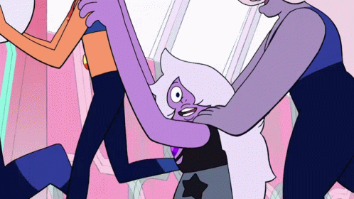 A Group Of Cartoon Characters Are Hugging Each Other And One Of Them Has A Star On Her Pants GIF
